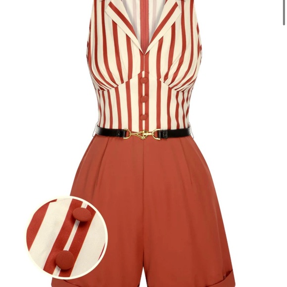 retrostage Pants - BRICK RED 1940S STRIPED LAPEL ROMPER